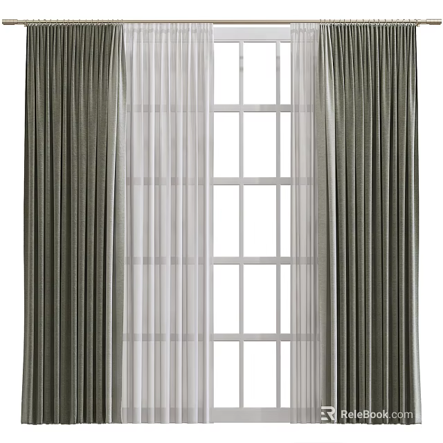 Stylish Dark Thick Curtains With White Sheer Panels By Grid Window Decoration 3d model 