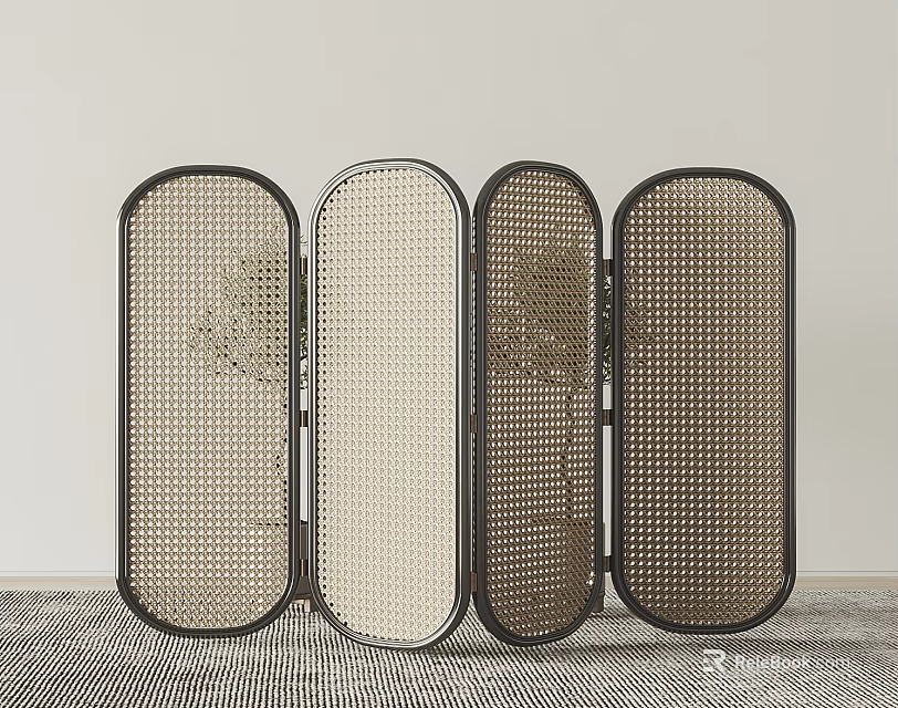 Four Panel Rattan Screen With Dark Frame For Minimalist Decor 3d model