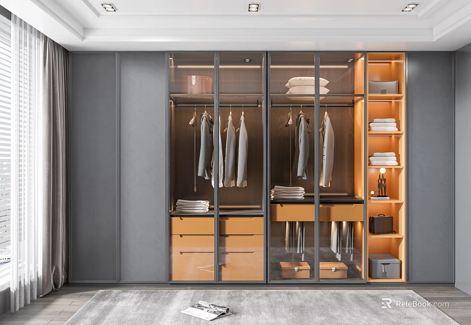 Modern Wardrobe Interior Design With Glass Doors Wooden Elements Hanging Area Drawers And Shelves 3d model 
