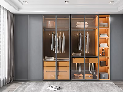 Modern Wardrobe Interior Design With Glass Doors Wooden Elements Hanging Area Drawers And Shelves 3d model