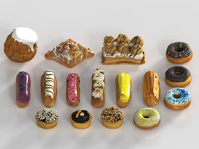 Bread Hot Dog Cake Pastry Puff Mousse Apple Pie Egg Tart Dessert Donut Food 3d model