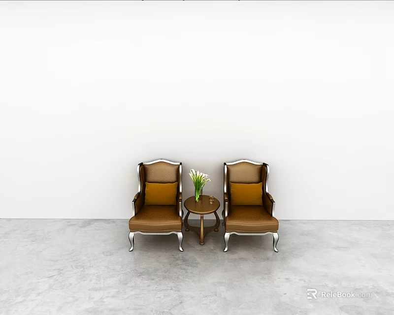 Brown Leisure Chairs With Metal Accents Accent Table And Flower On Gray Floor White Wall 3d model 