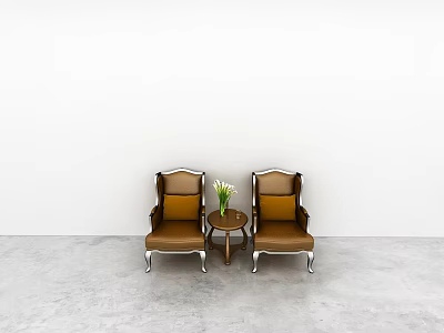 Brown Leisure Chairs With Metal Accents Accent Table And Flower On Gray Floor White Wall 3d model