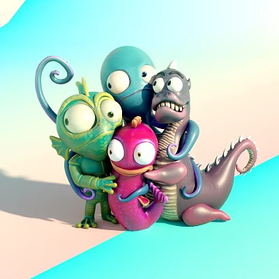 Cute Cartoon Style Colorful Dolls In Green Blue Purple Hugging Together 3d model