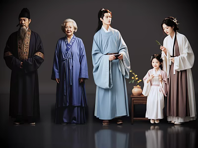 Multi Generational Group of People in Traditional Clothing Ancient Style Gathering with Vase on Table 3d model