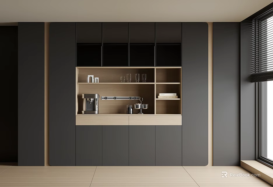 Modern Dark Gray Light Wood Sideboard With Storage Open Shelves Coffee Machine Glasses And Books 3d model 