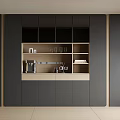 Modern Dark Gray Light Wood Sideboard With Storage Open Shelves Coffee Machine Glasses And Books