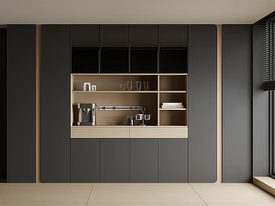 Modern Dark Gray Light Wood Sideboard With Storage Open Shelves Coffee Machine Glasses And Books 3d model