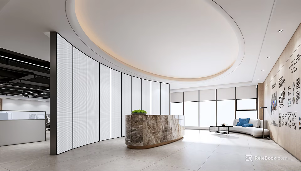 Modern Office Reception Desk with Curved Marble Countertop White Partition and Spacious Seating Area 3d model 