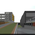 Modern School Building Exterior With White Orange Facades Red Running Track And Green Football Field
