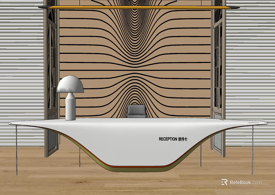Modern Reception Desk With White Lamp And Wavy Wooden Background Wall Design 3d model 