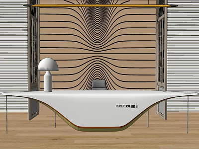 Modern Reception Desk With White Lamp And Wavy Wooden Background Wall Design 3d model