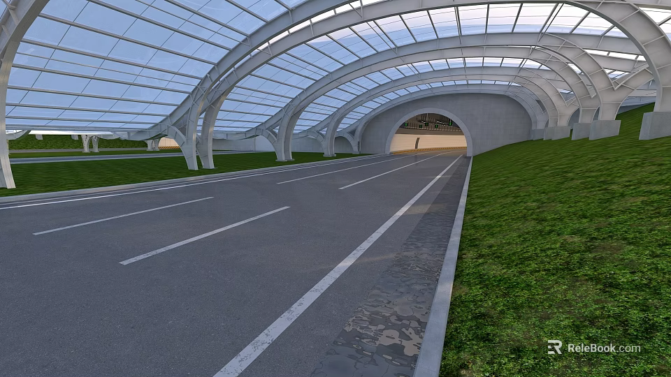 Road Infrastructure Featuring Glass Dome Arched Structure Roadway Tunnel Entrance Lane Markings And Grass 3d model 