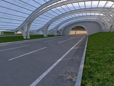 Road Infrastructure Featuring Glass Dome Arched Structure Roadway Tunnel Entrance Lane Markings And Grass 3d model