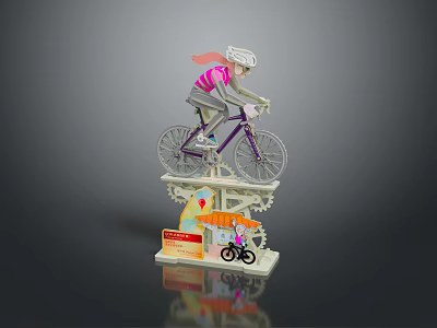 Decorative Purple Bicycle With Rider Figure On Display Stand With Colorful Details 3d model