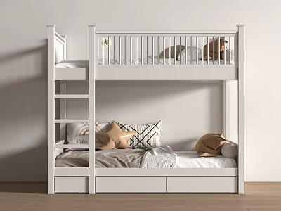Modern White Bunk Bed With Ladder And Soft Pillows For Kids Bedroom 3d model