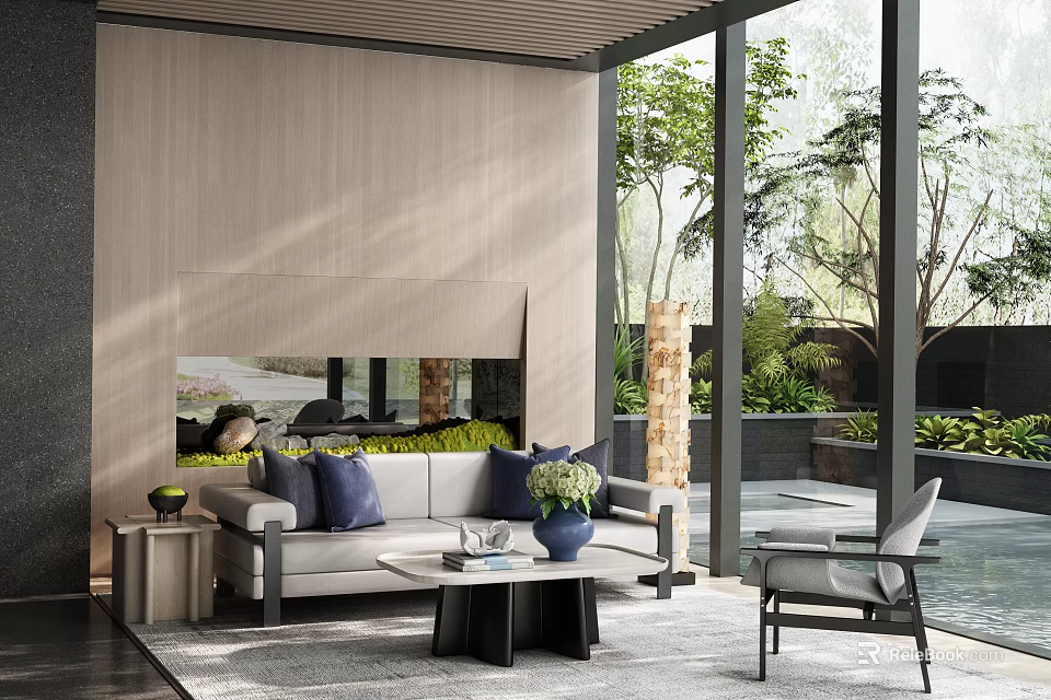Modern Relaxation Area Interior With Wooden Wall Gray Sofa And Natural View Through Large Windows 3d model 