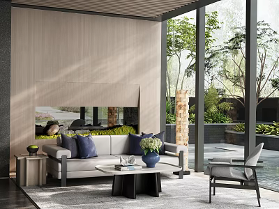 Modern Relaxation Area Interior With Wooden Wall Gray Sofa And Natural View Through Large Windows 3d model