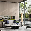 Modern Relaxation Area Interior With Wooden Wall Gray Sofa And Natural View Through Large Windows