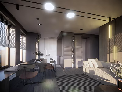 Modern Living And Dining Room Interior With Sofa Dining Table Chairs And Lighting 3d model
