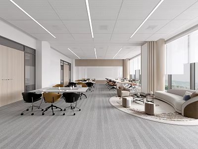 Modern Office Space Interior With Wooden Partitions Large Windows And Comfortable Seating 3d model