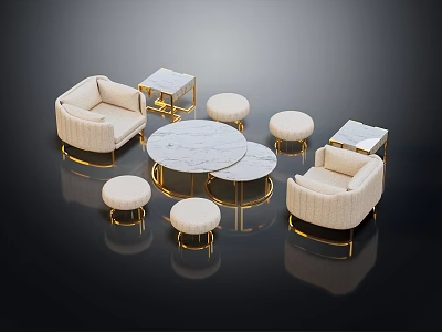 Elegant Modern Sofa Coffee Table Set With Fabric Upholstery Marble Tops And Gold Metal Stools 3d model