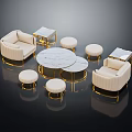 Elegant Modern Sofa Coffee Table Set With Fabric Upholstery Marble Tops And Gold Metal Stools