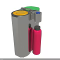 Stainless Steel Trash Bin With Colorful Lids And Red Recycling Bottle