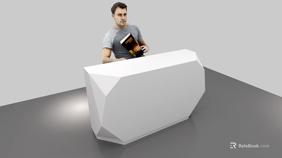 White Geometric Reception Desk With Man Standing Behind Holding Book 3d model 