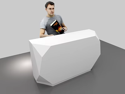 White Geometric Reception Desk With Man Standing Behind Holding Book 3d model