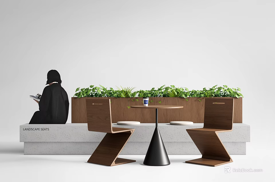 Modern Wooden Banquette Sofa Interior With Green Plants Side Chairs And Small Round Table 3d model 