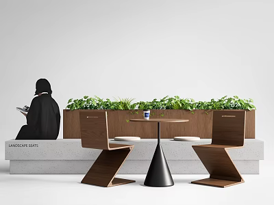 Modern Wooden Banquette Sofa Interior With Green Plants Side Chairs And Small Round Table 3d model