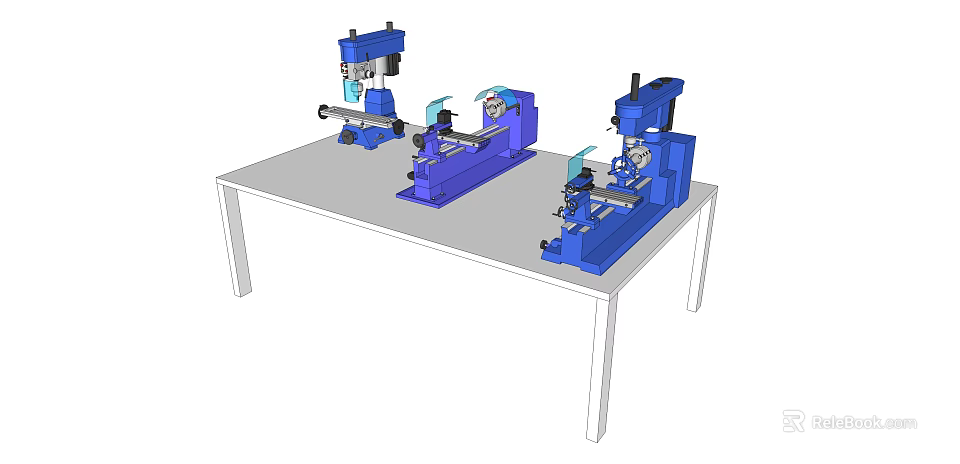 Three Blue Industrial Equipment Machines Placed On White Table 3d model