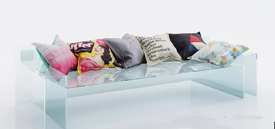 Decorative Pillows With Floral Geometric And Graphic Patterns On Transparent Glass Bench 3d model 