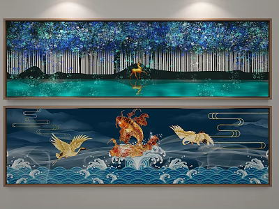 Decorative Paintings Featuring Blue Forest Lake Lighting Golden Koi Cranes And Waves 3d model