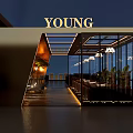 Modern Elegant Cafe Interior Design With Glass Skylight Decorative Wall And Chandeliers