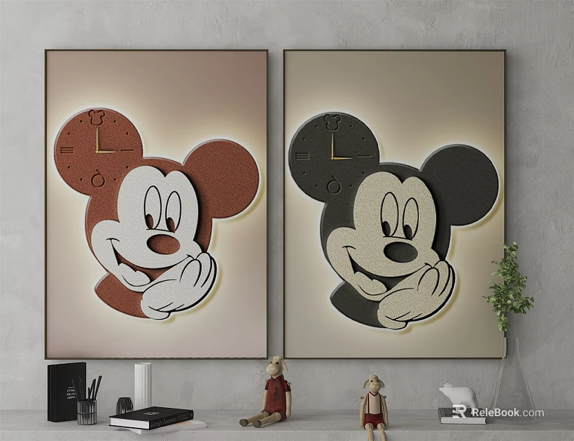 Two Mickey Mouse Head Wall Paintings With Brown Black Clock Design And Figurines Plant 3d model 