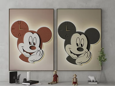 Two Mickey Mouse Head Wall Paintings With Brown Black Clock Design And Figurines Plant 3d model