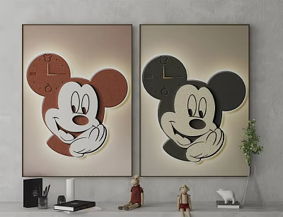 Two Mickey Mouse Head Wall Paintings With Brown Black Clock Design And Figurines Plant 3d model