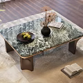 Coffee Table With Green Marble Top Brown Legs Black Vase Dried Flowers And Green Fruits