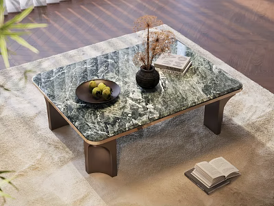 Coffee Table With Green Marble Top Brown Legs Black Vase Dried Flowers And Green Fruits 3d model