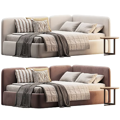 Modern Two Seater Sofa With Striped Pillows Knitted Blanket And Side Table 3d model