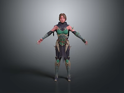 Woman In Green And Dark Armored Outfit With Shoulder Guards And Outstretched Arms 3d model