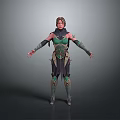 Woman In Green And Dark Armored Outfit With Shoulder Guards And Outstretched Arms