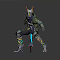 Cyberpunk Sci-Fi Character with Mechanical Helmet Antenna Green Jacket Robotic Legs Holding Weapon Action Pose