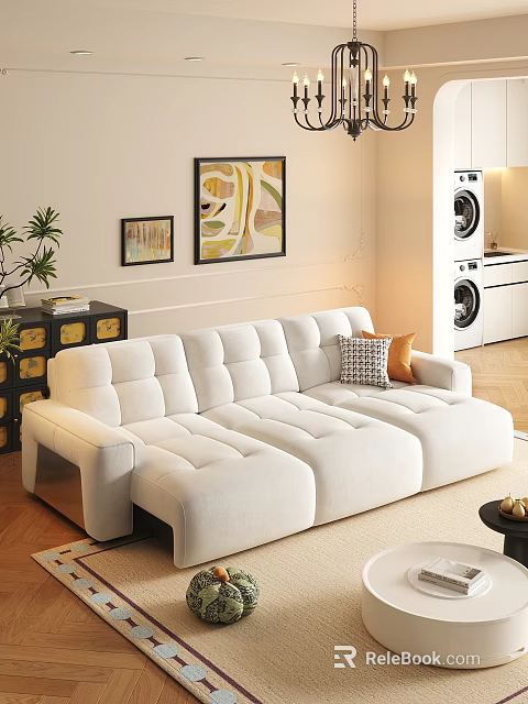 White Upholstered Multi Seater Sofa in Modern Living Room with Decorative Paintings and Potted Plant 3d model 