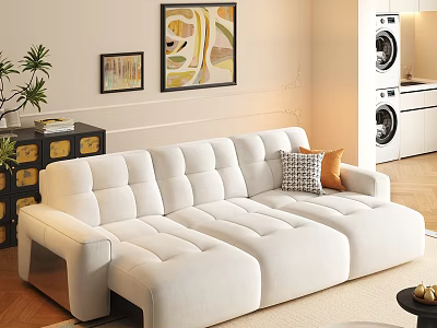 White Upholstered Multi Seater Sofa in Modern Living Room with Decorative Paintings and Potted Plant 3d model