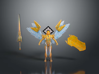 Angelic Warrior Character With Blue And Yellow Wings Sword And Shield 3d model