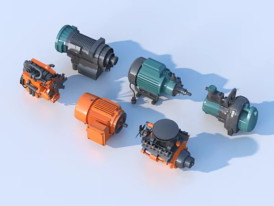 Various Types of Industrial Equipment Including Motors and Pumps in Different Colors 3d model