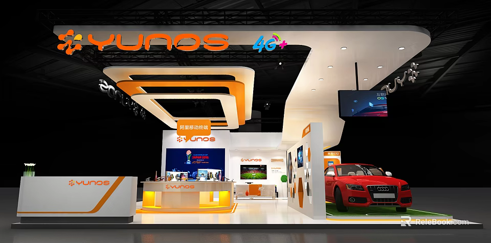 YUNOS Modern Exhibition Booth Featuring 40 Plus Logo Red Car Display Counter And Display Screens 3d model 